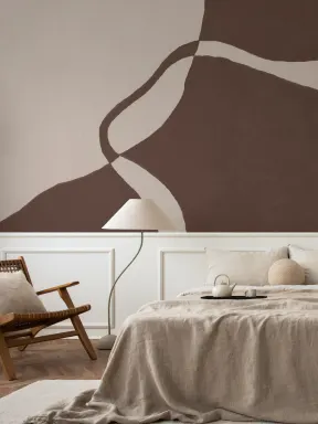 Hand-Painted Curved Form Mural in Rich Brown with Plaster Texture