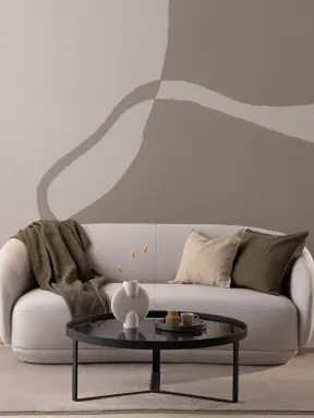 Hand-Painted Curved Form Mural in Soft Beige with Plaster Texture