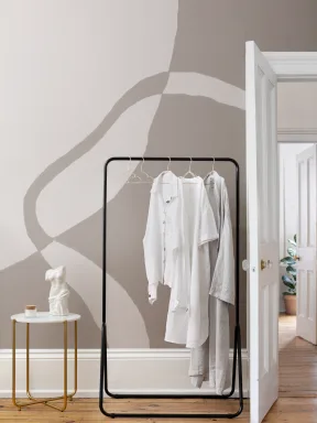 Hand-Painted Curved Form Mural in Soft Beige with Plaster Texture