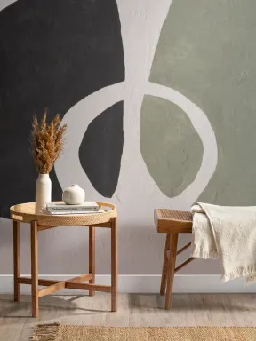 Hand-Painted Abstract Form Mural in Olive Green with Plaster Texture