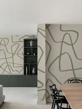 Papier peint panoramique abstrait, dessiné à la main, en vert sur fond beige