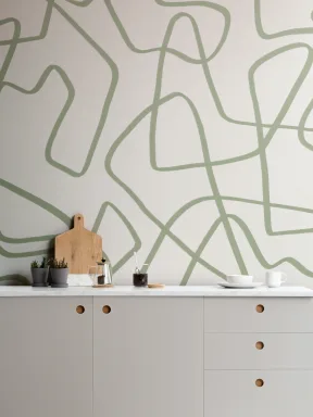 Papier peint panoramique abstrait, dessiné à la main, en vert sur fond beige