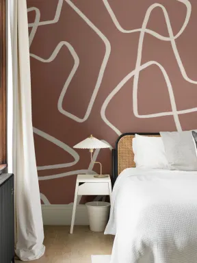 Abstract Hand Drawn Scribble Wall Mural in Cream on Terracotta Background
