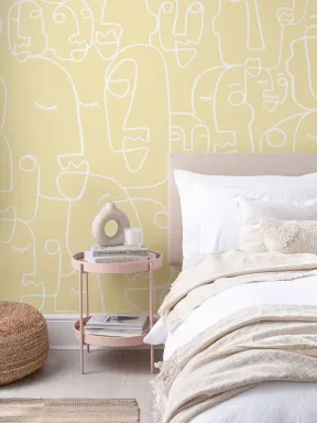 Mural de papel de parede com desenho de linhas de rosto amarelo grande
