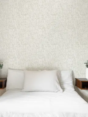 Mustertapete Rapport Linienzeichnungen Abstraktes Gesicht Grün