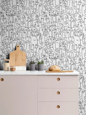 Black and White Abstract Face Line Drawing Repeat Pattern Wallpaper