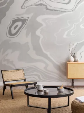 Papier Peint Panoramique Art du Marbre Japonais Suminagashi Gris