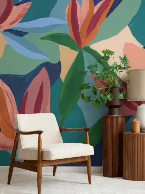 Papier peint panoramique floral abstrait multicolore avec une énergie audacieuse