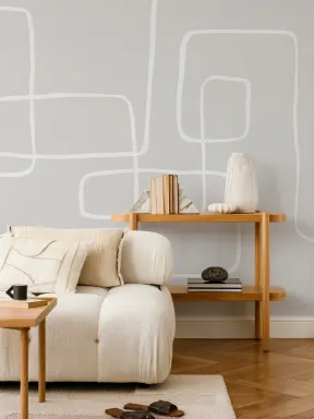 Moderne beige Fototapete mit abstrakter weißer Linienzeichnung