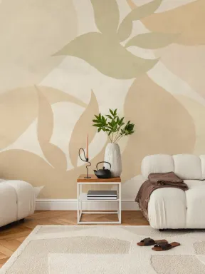 Papier peint panoramique abstrait style Tulum beige pour une atmosphère apaisante