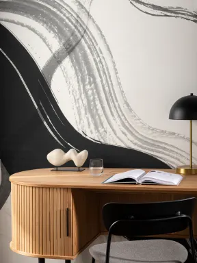 Papier Peint Panoramique abstraite à l'encre noire avec coups de pinceau