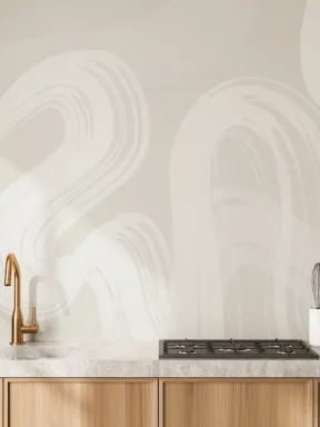 Papier Peint Panoramique abstraite beige à coups de pinceau et tourbillons
