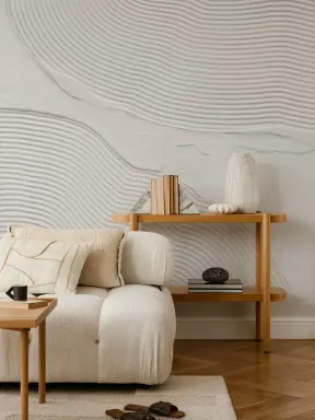 Papier peint panoramique beige, organique, sculpté, lignes abstraites