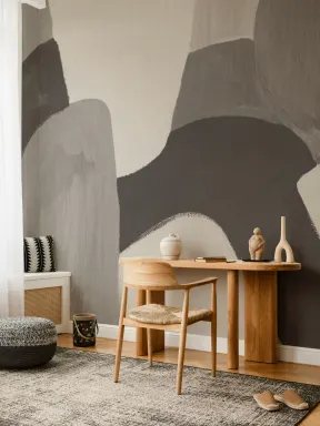 Painted Abstract Shapes Mural in Charcoal and Taupe
