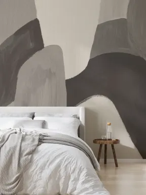 Painted Abstract Shapes Mural in Charcoal and Taupe