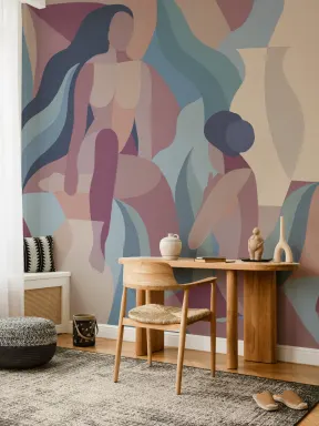 Handgeschilderde Mauve en Blauwe Vrouwelijke Vorm Muurschildering