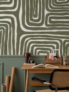 Papier peint panoramique géométrique moderne à motif de labyrinthe peint à la main en vert olive