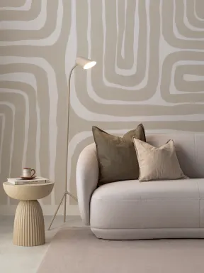 Hand Painted Maze Pattern Modern Geometric Mural in Beige