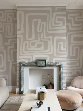 Hand-Painted Maze Pattern Mural in Beige