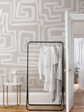 Hand-Painted Maze Pattern Mural in Beige