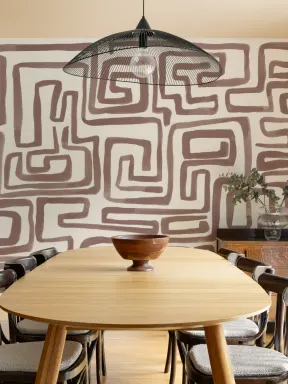 Hand-Painted Maze Pattern Mural in Brown
