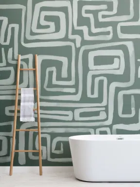 Hand-Painted Maze Pattern Mural in Emerald Green