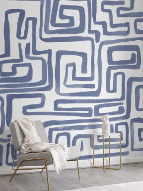Papier peint panoramique bleu, peint à la main, représentant un labyrinthe