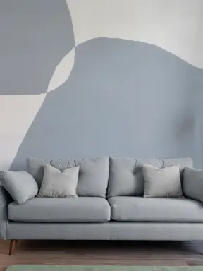 Moderne Fototapete in Blau und Weiß mit Gips-Effekt und abstrakten Formen