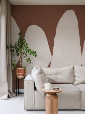 Hand-Painted Organic Form Mural in Warm Terracotta with Textured Plaster Finish