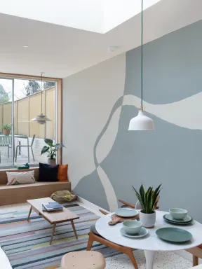 Hand-Painted Curved Form Mural in Cool Blue with Plaster Texture