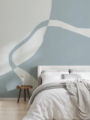 Hand-Painted Curved Form Mural in Cool Blue with Plaster Texture
