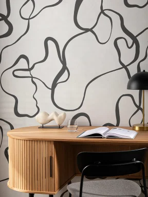 Papier Peint Panoramique Minimaliste avec Dessins Abstraits Noirs sur Fond Gris