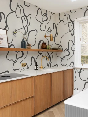 Papier Peint Panoramique Minimaliste avec Dessins Abstraits Noirs sur Fond Gris