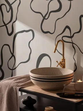 Papier Peint Panoramique Minimaliste avec Dessins Abstraits Noirs sur Fond Gris
