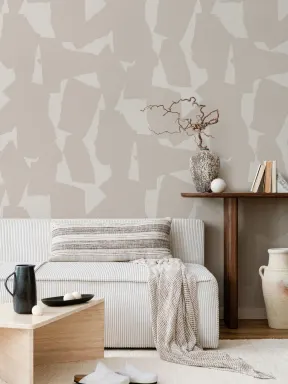 Papier Peint Beige et Blanc à Motifs de Formes Abstraites