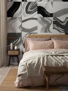 Mural de azulejos pretos com formas abstractas a tinta