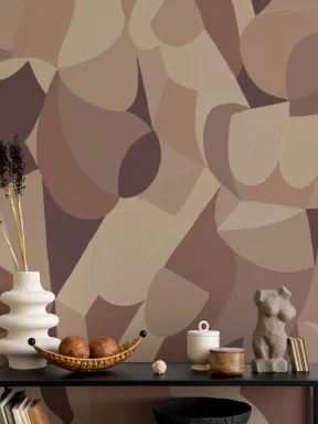 Cubist Human Form Abstract Mural In Earthy Browns