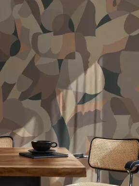 Cubist Human Form Abstract Mural in Taupe and Grey