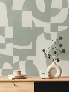 Modern Sage Abstract Wall Mural with Hand-Cut Shapes and Textured Effect