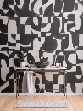 Modern Black Abstract Wall Mural with Hand-Cut Shapes and Textured Effect