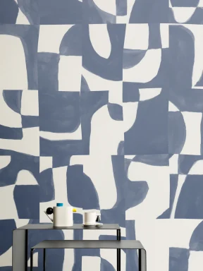 Papier peint panoramique en bleu froid, à motifs géométriques abstraits