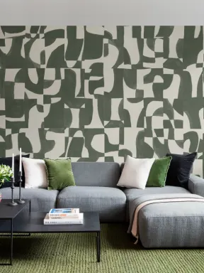 Modern Moss Abstract Wall Mural with Hand-Cut Shapes and Textured Effect