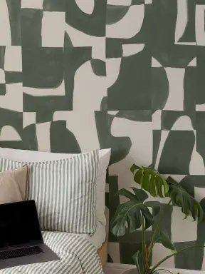Modern Moss Abstract Wall Mural with Hand-Cut Shapes and Textured Effect