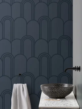 Papier Peint Bleu Marine avec Motif de Arches au Style Art Déco
