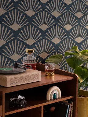 Gold & Navy Art Deco Fan Repeat Pattern Wallpaper