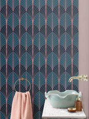 Blue Art Deco Palm Leaf Repeat Pattern Wallpaper
