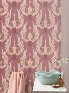 Carta da Parati Rosa con Motivi di Gru Art Déco