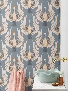 Blue Art Deco Crane Repeat Pattern Wallpaper