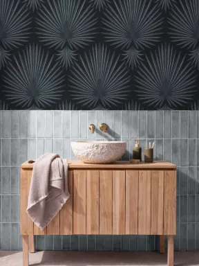 Musta Art Deco Trooppinen Leaf Repeat Print kuvatapetti