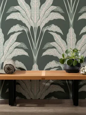 Mustertapete Dunkelgrün Art Deco Große Tropische Blätter